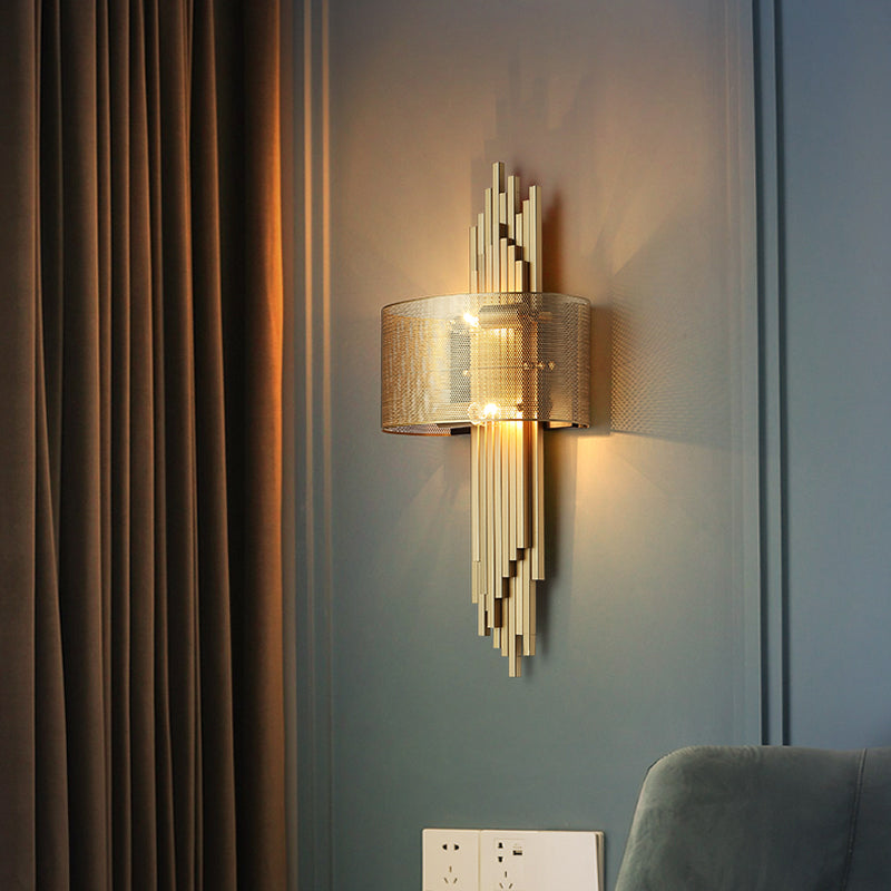 Linear Metal Sconce Lamp Post Modern 2-Head Gold Finish Wall Lamp Fixture with Drum Mesh Shade Clearhalo 'Cast Iron' 'Glass' 'Industrial' 'Modern wall lights' 'Modern' 'Tiffany' 'Traditional wall lights' 'Wall Lamps & Sconces' 'Wall Lights' Lighting' 763206