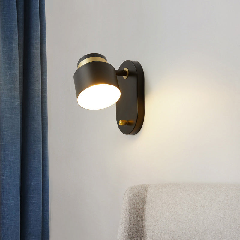 Metal Small Drum Wall Mount Lighting Modern 1 Head Black and Gold LED Rotatable Sconce Lamp Clearhalo 'Cast Iron' 'Glass' 'Industrial' 'Modern wall lights' 'Modern' 'Tiffany' 'Traditional wall lights' 'Wall Lamps & Sconces' 'Wall Lights' Lighting' 763222