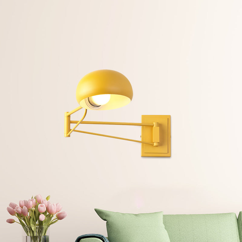 Macaron Dome Wall Light Fixture Iron 1 Bulb Study Room Wall Mounted Lamp in Yellow/Blue/Green with Swing Arm Yellow Clearhalo 'Cast Iron' 'Glass' 'Industrial' 'Modern wall lights' 'Modern' 'Tiffany' 'Traditional wall lights' 'Wall Lamps & Sconces' 'Wall Lights' Lighting' 763269