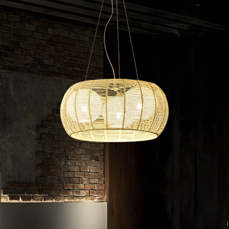 Bamboo Rattan Drum Pendant Chandelier Asian 3 Lights Hanging Ceiling Lamp in Beige for Restaurant Beige Clearhalo 'Ceiling Lights' 'Chandeliers' Lighting' options 763363_e359f3a8-ca0f-4c73-8de9-6cf7d607f322