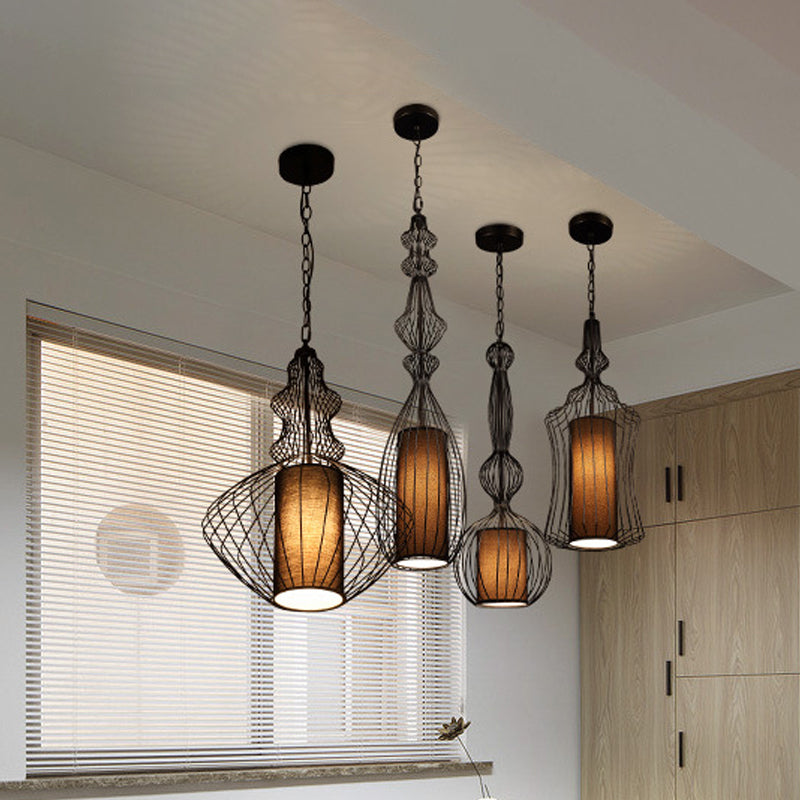 Black Wire Cage Pendant Lamp with Fabric Shade Retro Industrial Metal 1 Light Dining Room Hanging Light Clearhalo 'Art Deco Pendants' 'Black' 'Cast Iron' 'Ceiling Lights' 'Ceramic' 'Crystal' 'Industrial Pendants' 'Industrial' 'Metal' 'Middle Century Pendants' 'Pendant Lights' 'Pendants' 'Rustic Pendants' 'Tiffany' Lighting' 763644