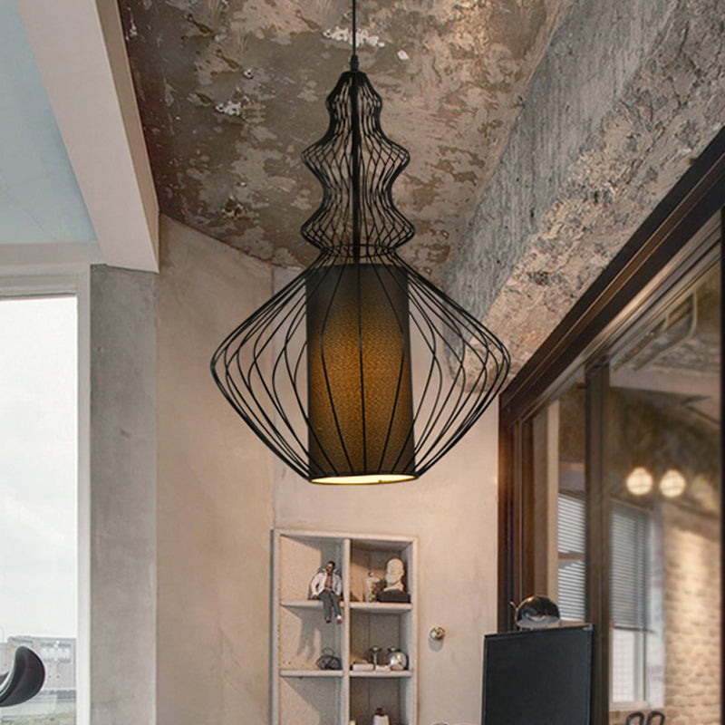 Black Wire Cage Pendant Lamp with Fabric Shade Retro Industrial Metal 1 Light Dining Room Hanging Light Black C Clearhalo 'Art Deco Pendants' 'Black' 'Cast Iron' 'Ceiling Lights' 'Ceramic' 'Crystal' 'Industrial Pendants' 'Industrial' 'Metal' 'Middle Century Pendants' 'Pendant Lights' 'Pendants' 'Rustic Pendants' 'Tiffany' Lighting' 763647