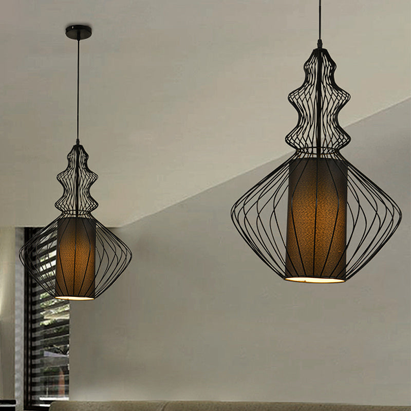 Black Wire Cage Pendant Lamp with Fabric Shade Retro Industrial Metal 1 Light Dining Room Hanging Light Clearhalo 'Art Deco Pendants' 'Black' 'Cast Iron' 'Ceiling Lights' 'Ceramic' 'Crystal' 'Industrial Pendants' 'Industrial' 'Metal' 'Middle Century Pendants' 'Pendant Lights' 'Pendants' 'Rustic Pendants' 'Tiffany' Lighting' 763648
