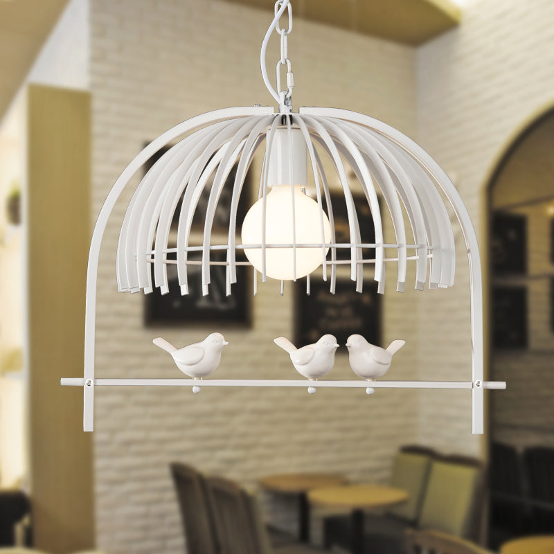 Metal Dome Shade Ceiling Pendant Light with Bird Cage Design Lodge Style 1 Bulb Indoor Hanging Lamp in Black/White White Clearhalo 'Art Deco Pendants' 'Black' 'Cast Iron' 'Ceiling Lights' 'Ceramic' 'Crystal' 'Industrial Pendants' 'Industrial' 'Metal' 'Middle Century Pendants' 'Pendant Lights' 'Pendants' 'Rustic Pendants' 'Tiffany' Lighting' 763672