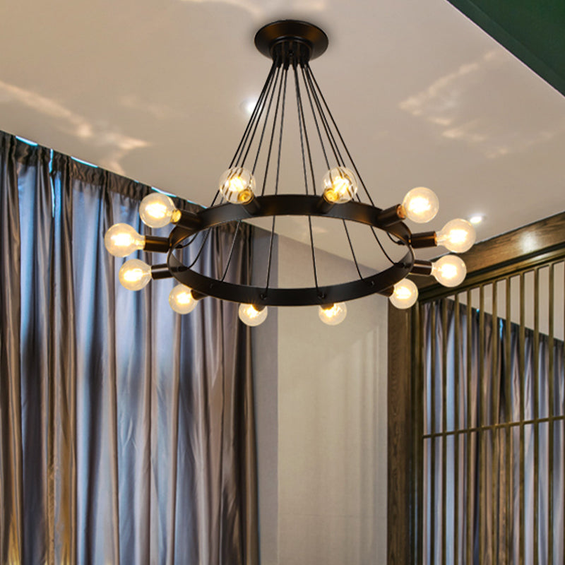 6/8/12 Lights Circle Ceiling Lighting Fixture Industrial Loft Black Metal Pendant Lamp for Living Room 12 Black Clearhalo 'Art Deco Pendants' 'Black' 'Cast Iron' 'Ceiling Lights' 'Ceramic' 'Crystal' 'Industrial Pendants' 'Industrial' 'Metal' 'Middle Century Pendants' 'Pendant Lights' 'Pendants' 'Rustic Pendants' 'Tiffany' Lighting' 763795