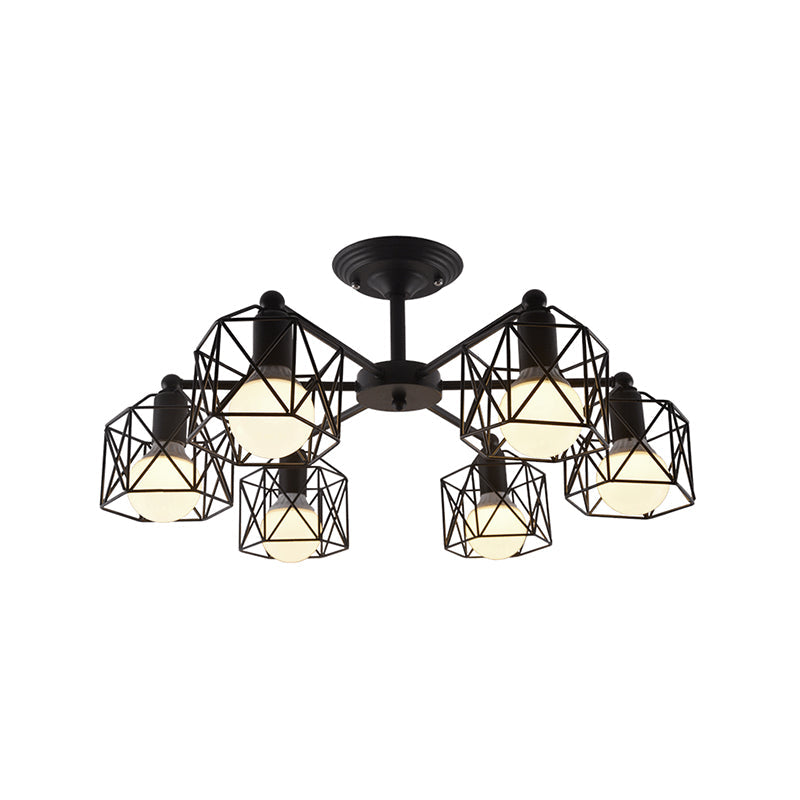 6/8/10 Heads Semi-Flush Mount with Hexagon Cage Shade Metal Vintage Style Living Room Close to Ceiling Light in Black Clearhalo 'Ceiling Lights' 'Close To Ceiling Lights' 'Close to ceiling' 'Semi-flushmount' Lighting' 763951