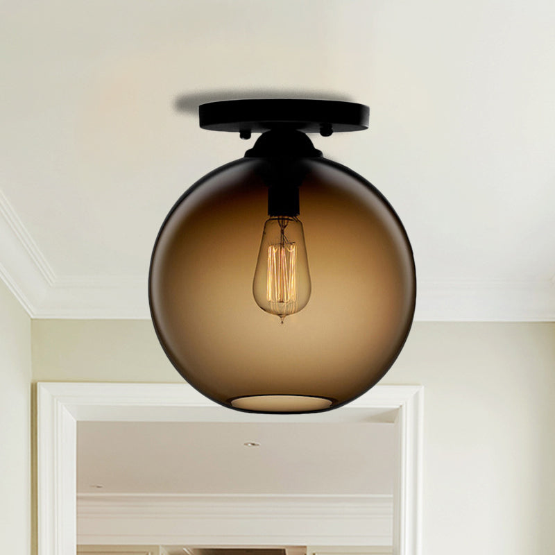 Globe Shade Semi Flush Dining Room Red/Brown/Blue Glass Industrial Style 1/2 Light Black Ceiling Lighting 1 Brown Clearhalo 'Ceiling Lights' 'Close To Ceiling Lights' 'Close to ceiling' 'Flush mount' 'Industrial Flush Mount' Lighting' 764407