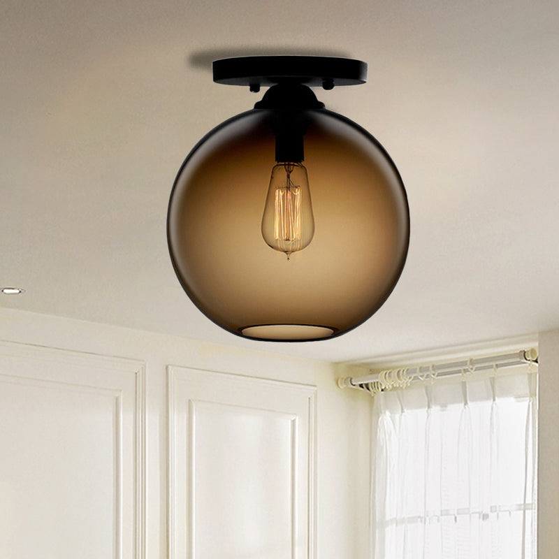Globe Shade Semi Flush Dining Room Red/Brown/Blue Glass Industrial Style 1/2 Light Black Ceiling Lighting Clearhalo 'Ceiling Lights' 'Close To Ceiling Lights' 'Close to ceiling' 'Flush mount' 'Industrial Flush Mount' Lighting' 764408