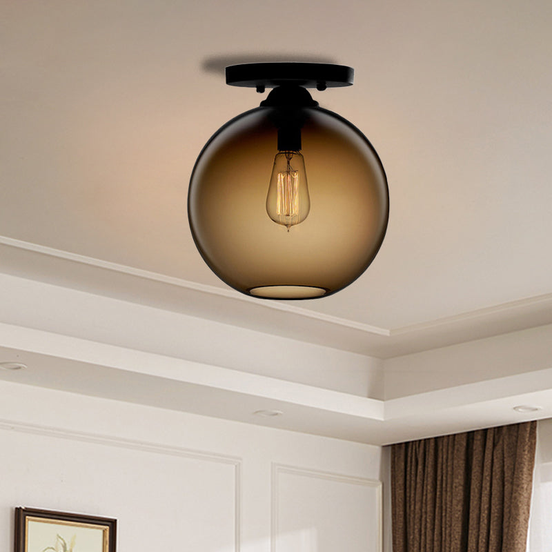 Globe Shade Semi Flush Dining Room Red/Brown/Blue Glass Industrial Style 1/2 Light Black Ceiling Lighting Clearhalo 'Ceiling Lights' 'Close To Ceiling Lights' 'Close to ceiling' 'Flush mount' 'Industrial Flush Mount' Lighting' 764409