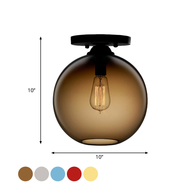 Globe Shade Semi Flush Dining Room Red/Brown/Blue Glass Industrial Style 1/2 Light Black Ceiling Lighting Clearhalo 'Ceiling Lights' 'Close To Ceiling Lights' 'Close to ceiling' 'Flush mount' 'Industrial Flush Mount' Lighting' 764411