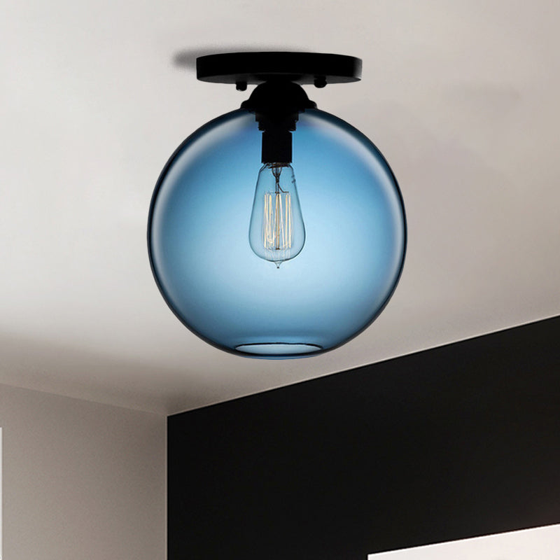 Globe Shade Semi Flush Dining Room Red/Brown/Blue Glass Industrial Style 1/2 Light Black Ceiling Lighting Clearhalo 'Ceiling Lights' 'Close To Ceiling Lights' 'Close to ceiling' 'Flush mount' 'Industrial Flush Mount' Lighting' 764417