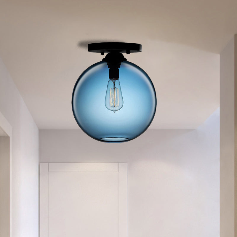 Globe Shade Semi Flush Dining Room Red/Brown/Blue Glass Industrial Style 1/2 Light Black Ceiling Lighting Clearhalo 'Ceiling Lights' 'Close To Ceiling Lights' 'Close to ceiling' 'Flush mount' 'Industrial Flush Mount' Lighting' 764418