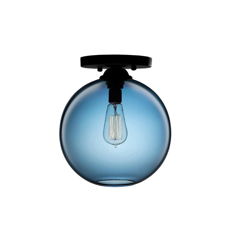 Globe Shade Semi Flush Dining Room Red/Brown/Blue Glass Industrial Style 1/2 Light Black Ceiling Lighting Clearhalo 'Ceiling Lights' 'Close To Ceiling Lights' 'Close to ceiling' 'Flush mount' 'Industrial Flush Mount' Lighting' 764419
