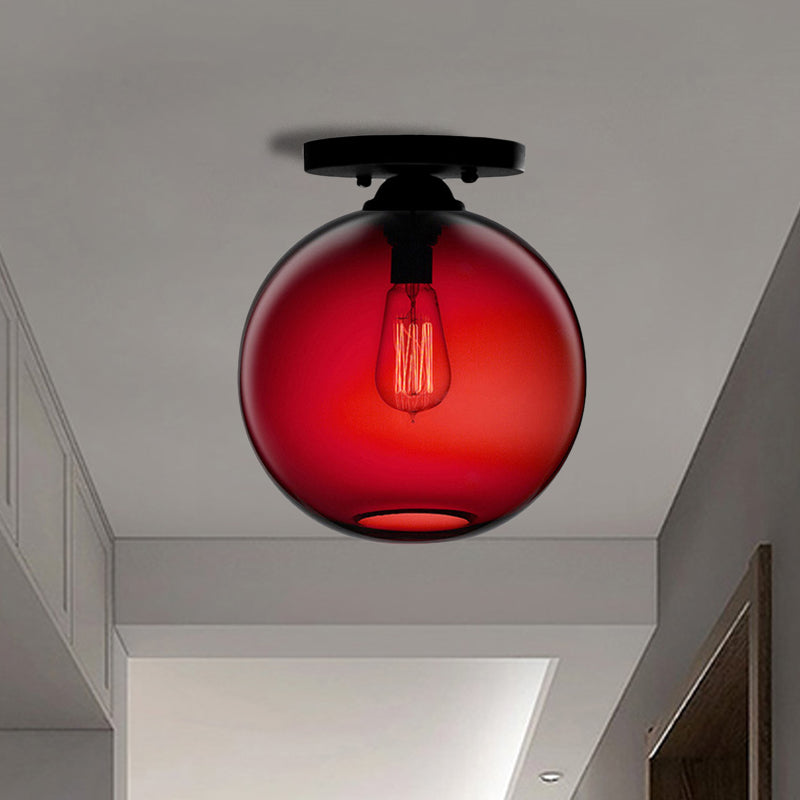 Globe Shade Semi Flush Dining Room Red/Brown/Blue Glass Industrial Style 1/2 Light Black Ceiling Lighting Clearhalo 'Ceiling Lights' 'Close To Ceiling Lights' 'Close to ceiling' 'Flush mount' 'Industrial Flush Mount' Lighting' 764421
