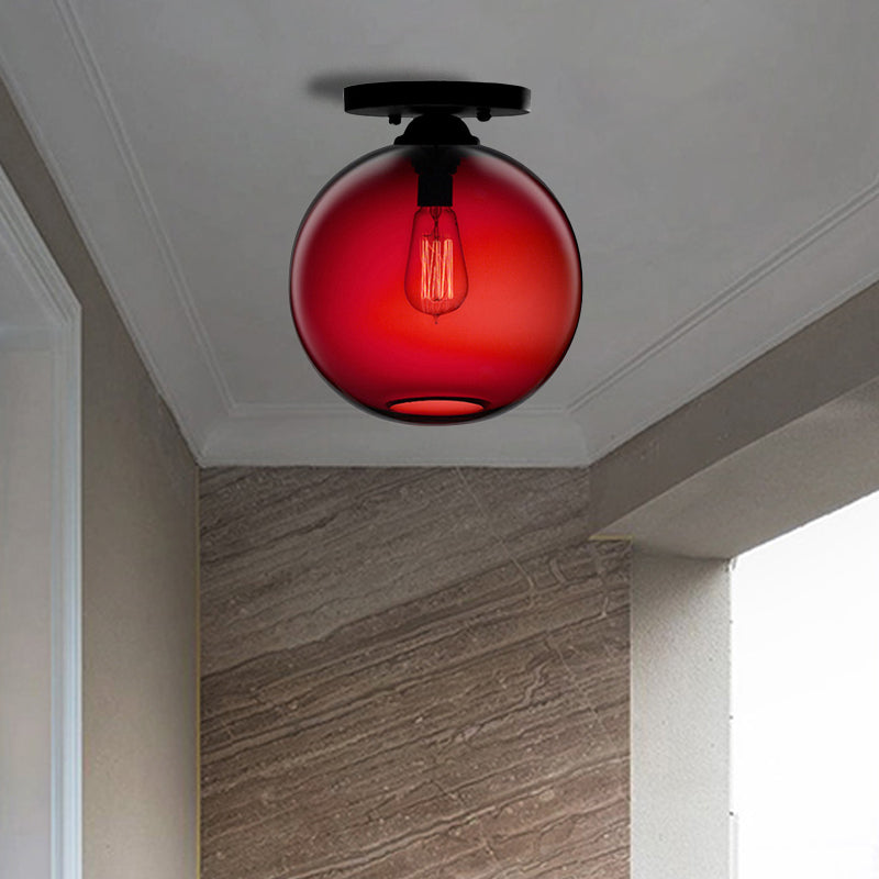 Globe Shade Semi Flush Dining Room Red/Brown/Blue Glass Industrial Style 1/2 Light Black Ceiling Lighting Clearhalo 'Ceiling Lights' 'Close To Ceiling Lights' 'Close to ceiling' 'Flush mount' 'Industrial Flush Mount' Lighting' 764422