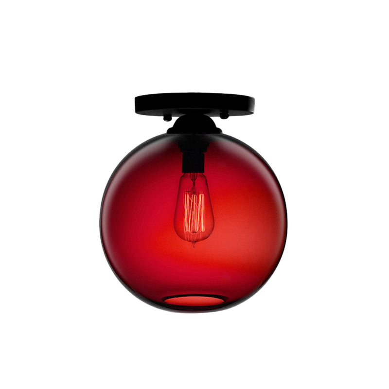Globe Shade Semi Flush Dining Room Red/Brown/Blue Glass Industrial Style 1/2 Light Black Ceiling Lighting Clearhalo 'Ceiling Lights' 'Close To Ceiling Lights' 'Close to ceiling' 'Flush mount' 'Industrial Flush Mount' Lighting' 764423