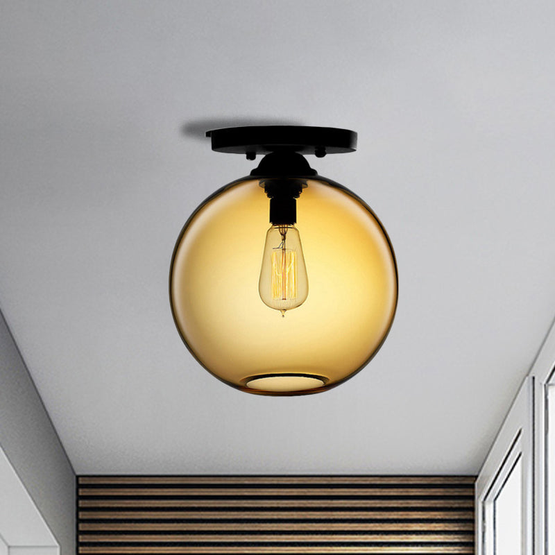Globe Shade Semi Flush Dining Room Red/Brown/Blue Glass Industrial Style 1/2 Light Black Ceiling Lighting Clearhalo 'Ceiling Lights' 'Close To Ceiling Lights' 'Close to ceiling' 'Flush mount' 'Industrial Flush Mount' Lighting' 764425