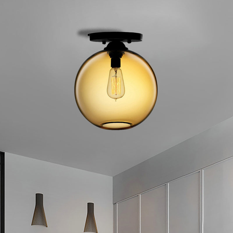 Globe Shade Semi Flush Dining Room Red/Brown/Blue Glass Industrial Style 1/2 Light Black Ceiling Lighting Clearhalo 'Ceiling Lights' 'Close To Ceiling Lights' 'Close to ceiling' 'Flush mount' 'Industrial Flush Mount' Lighting' 764426