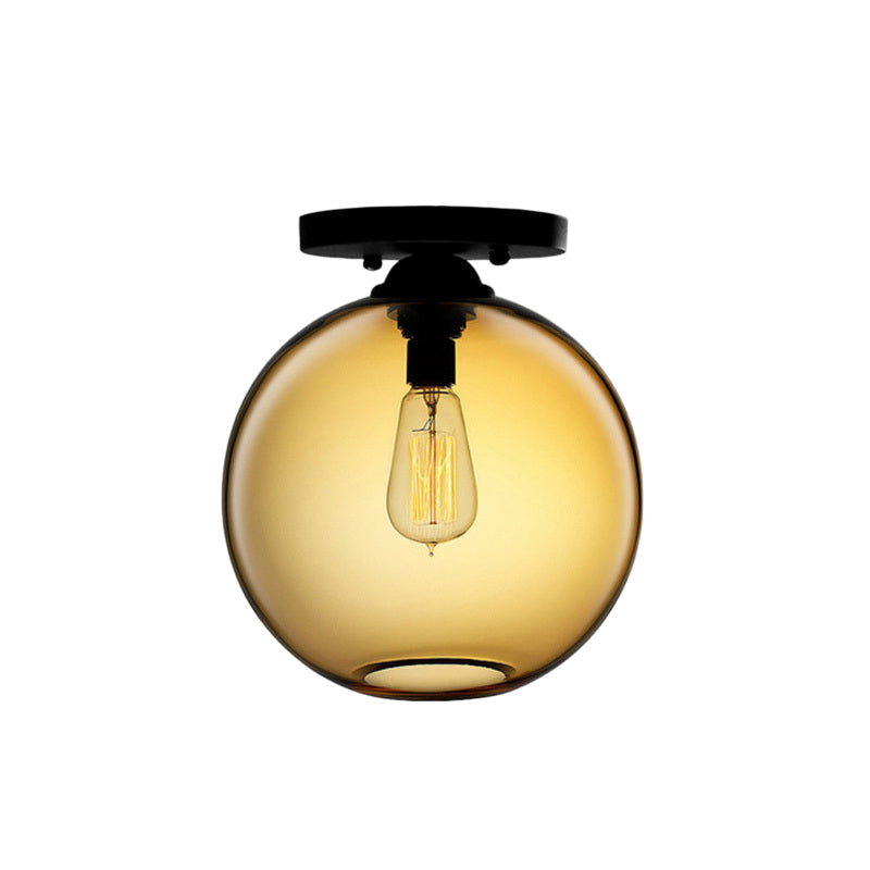 Globe Shade Semi Flush Dining Room Red/Brown/Blue Glass Industrial Style 1/2 Light Black Ceiling Lighting Clearhalo 'Ceiling Lights' 'Close To Ceiling Lights' 'Close to ceiling' 'Flush mount' 'Industrial Flush Mount' Lighting' 764427