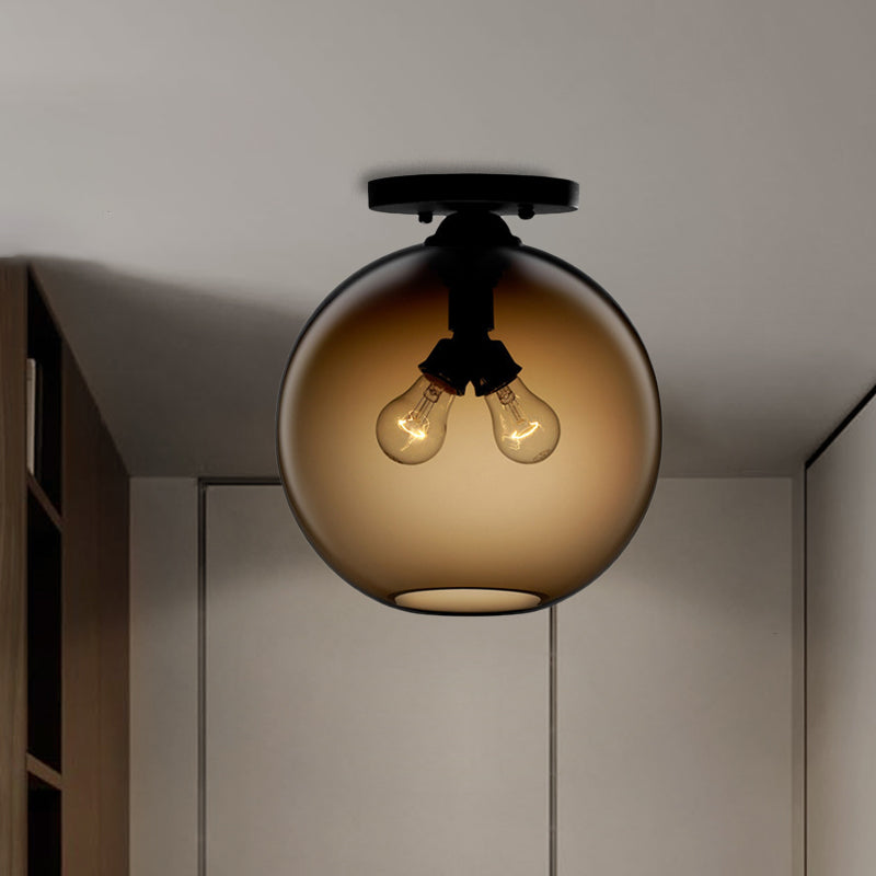 Globe Shade Semi Flush Dining Room Red/Brown/Blue Glass Industrial Style 1/2 Light Black Ceiling Lighting Clearhalo 'Ceiling Lights' 'Close To Ceiling Lights' 'Close to ceiling' 'Flush mount' 'Industrial Flush Mount' Lighting' 764433