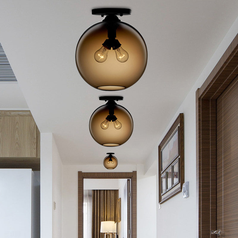 Globe Shade Semi Flush Dining Room Red/Brown/Blue Glass Industrial Style 1/2 Light Black Ceiling Lighting Clearhalo 'Ceiling Lights' 'Close To Ceiling Lights' 'Close to ceiling' 'Flush mount' 'Industrial Flush Mount' Lighting' 764434