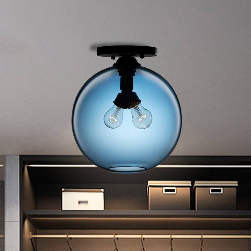 Globe Shade Semi Flush Dining Room Red/Brown/Blue Glass Industrial Style 1/2 Light Black Ceiling Lighting Clearhalo 'Ceiling Lights' 'Close To Ceiling Lights' 'Close to ceiling' 'Flush mount' 'Industrial Flush Mount' Lighting' 764437