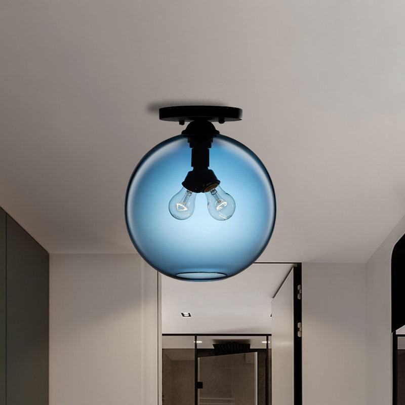 Globe Shade Semi Flush Dining Room Red/Brown/Blue Glass Industrial Style 1/2 Light Black Ceiling Lighting Clearhalo 'Ceiling Lights' 'Close To Ceiling Lights' 'Close to ceiling' 'Flush mount' 'Industrial Flush Mount' Lighting' 764438