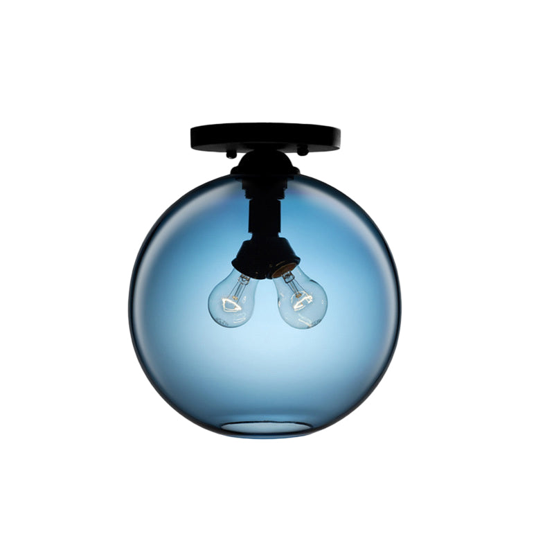 Globe Shade Semi Flush Dining Room Red/Brown/Blue Glass Industrial Style 1/2 Light Black Ceiling Lighting Clearhalo 'Ceiling Lights' 'Close To Ceiling Lights' 'Close to ceiling' 'Flush mount' 'Industrial Flush Mount' Lighting' 764439