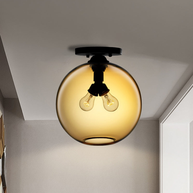 Globe Shade Semi Flush Dining Room Red/Brown/Blue Glass Industrial Style 1/2 Light Black Ceiling Lighting Clearhalo 'Ceiling Lights' 'Close To Ceiling Lights' 'Close to ceiling' 'Flush mount' 'Industrial Flush Mount' Lighting' 764441