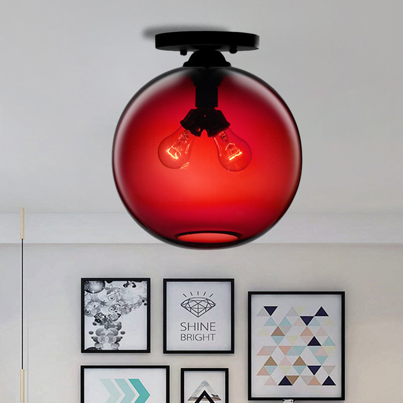 Globe Shade Semi Flush Dining Room Red/Brown/Blue Glass Industrial Style 1/2 Light Black Ceiling Lighting Clearhalo 'Ceiling Lights' 'Close To Ceiling Lights' 'Close to ceiling' 'Flush mount' 'Industrial Flush Mount' Lighting' 764445