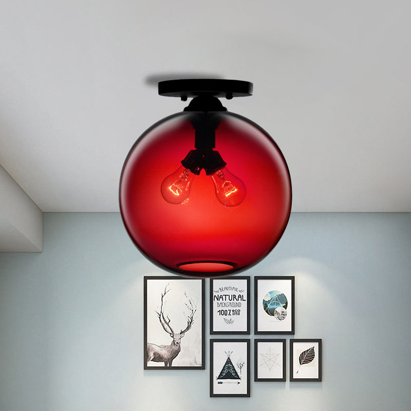 Globe Shade Semi Flush Dining Room Red/Brown/Blue Glass Industrial Style 1/2 Light Black Ceiling Lighting Clearhalo 'Ceiling Lights' 'Close To Ceiling Lights' 'Close to ceiling' 'Flush mount' 'Industrial Flush Mount' Lighting' 764446