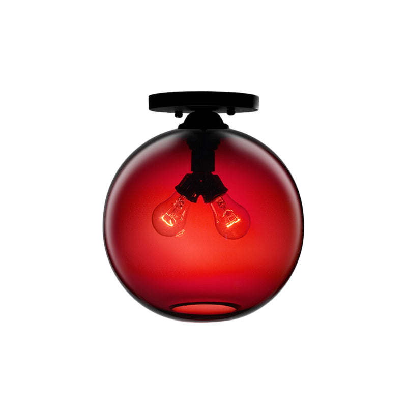 Globe Shade Semi Flush Dining Room Red/Brown/Blue Glass Industrial Style 1/2 Light Black Ceiling Lighting Clearhalo 'Ceiling Lights' 'Close To Ceiling Lights' 'Close to ceiling' 'Flush mount' 'Industrial Flush Mount' Lighting' 764447