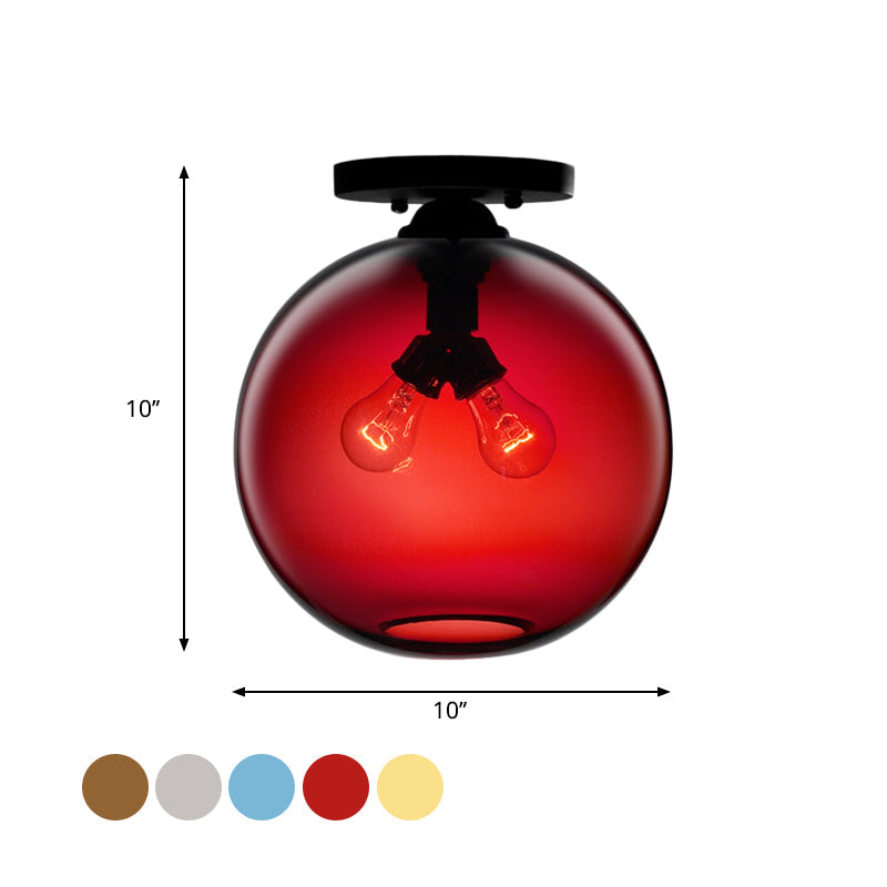 Globe Shade Semi Flush Dining Room Red/Brown/Blue Glass Industrial Style 1/2 Light Black Ceiling Lighting Clearhalo 'Ceiling Lights' 'Close To Ceiling Lights' 'Close to ceiling' 'Flush mount' 'Industrial Flush Mount' Lighting' 764448