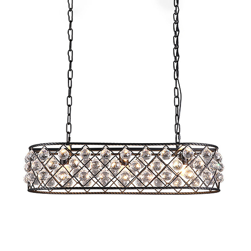3 Lights Island Lighting Vintage Industrial Oblong Caged Iron Hanging Ceiling Light with Clear Crystal Ball Deco in Black Clearhalo 'Ceiling Lights' 'Island Lights' Lighting' 767275