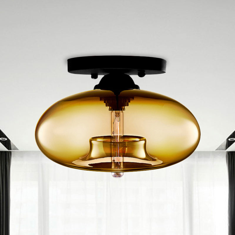 1 Light Ceiling Light Fixture with Oval Shade Red/Brown/Blue Glass Industrial Living Room Semi Flush in Black Amber Clearhalo 'Ceiling Lights' 'Close To Ceiling Lights' 'Close to ceiling' 'Flush mount' 'Industrial Flush Mount' Lighting' 767282