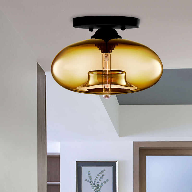 1 Light Ceiling Light Fixture with Oval Shade Red/Brown/Blue Glass Industrial Living Room Semi Flush in Black Clearhalo 'Ceiling Lights' 'Close To Ceiling Lights' 'Close to ceiling' 'Flush mount' 'Industrial Flush Mount' Lighting' 767284