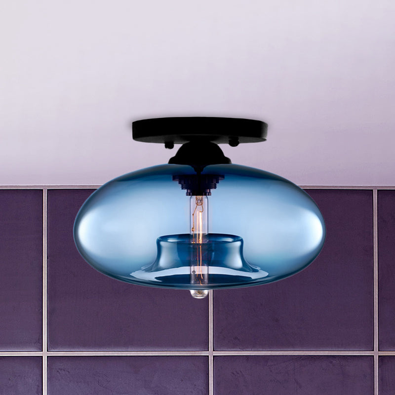 1 Light Ceiling Light Fixture with Oval Shade Red/Brown/Blue Glass Industrial Living Room Semi Flush in Black Clearhalo 'Ceiling Lights' 'Close To Ceiling Lights' 'Close to ceiling' 'Flush mount' 'Industrial Flush Mount' Lighting' 767300