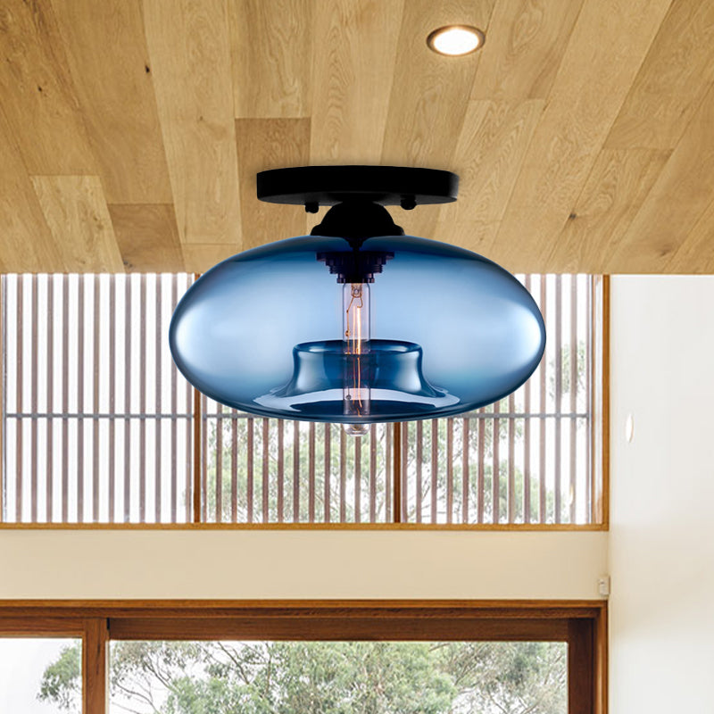 1 Light Ceiling Light Fixture with Oval Shade Red/Brown/Blue Glass Industrial Living Room Semi Flush in Black Clearhalo 'Ceiling Lights' 'Close To Ceiling Lights' 'Close to ceiling' 'Flush mount' 'Industrial Flush Mount' Lighting' 767301