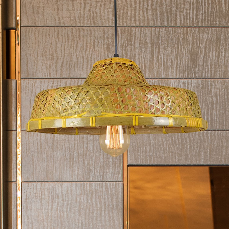Rustic Hat Shaped Hanging Light Bamboo Shade 1 Light Pendant Lamp over Dining Table Beige 15" Clearhalo 'Ceiling Lights' 'Pendant Lights' 'Pendants' Lighting' 767384_d3f8faca-7ad7-4a21-839b-45d53792ae15