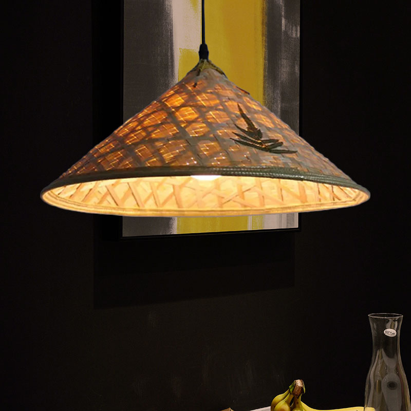 Rustic Hat Shaped Hanging Light Bamboo Shade 1 Light Pendant Lamp over Dining Table Beige 16" Clearhalo 'Ceiling Lights' 'Pendant Lights' 'Pendants' Lighting' 767389_4b2890ff-a645-40d8-97ec-0577e3ca6011