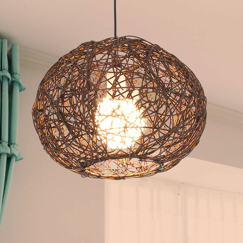 Brown/Ivory Bird���������s Nest Hanging Light Farmhouse Rattan Single Pendant Lamp over Table Clearhalo 'Ceiling Lights' 'Pendant Lights' 'Pendants' Lighting' 767404