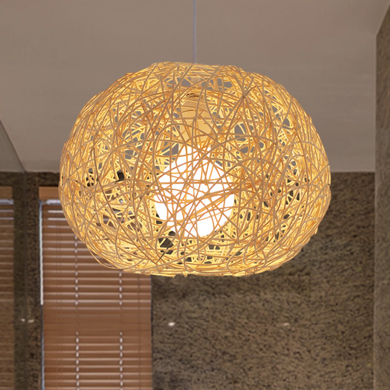 Brown/Ivory Bird���������s Nest Hanging Light Farmhouse Rattan Single Pendant Lamp over Table Clearhalo 'Ceiling Lights' 'Pendant Lights' 'Pendants' Lighting' 767415