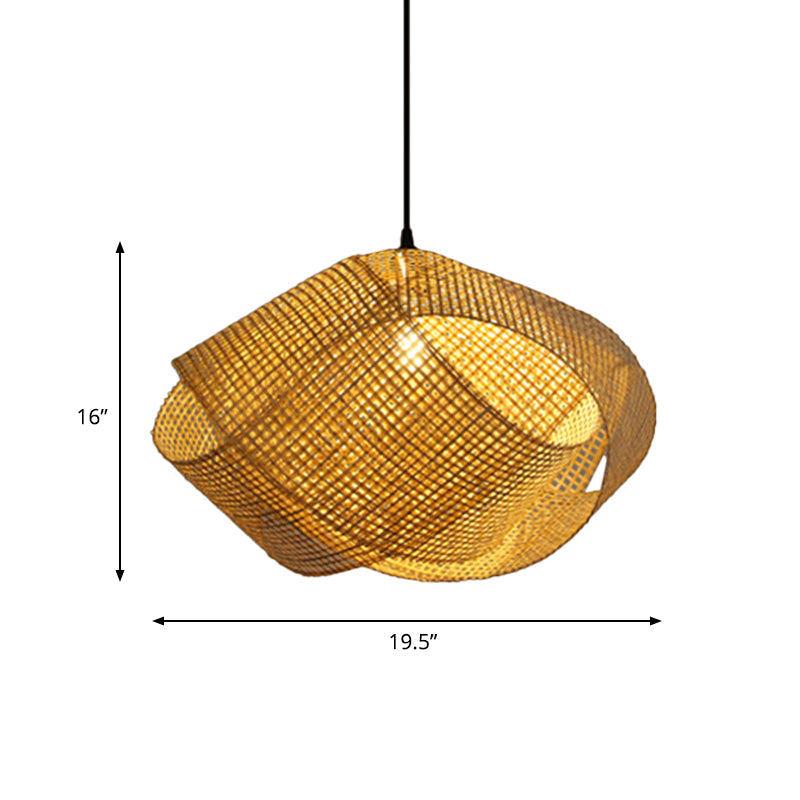 Asian Hand-Worked Hanging Pendant Light Rattan 16"/19.5" W 1 Light Indoor Ceiling Light with Twist Design in Beige Clearhalo 'Ceiling Lights' 'Pendant Lights' 'Pendants' Lighting' 767438