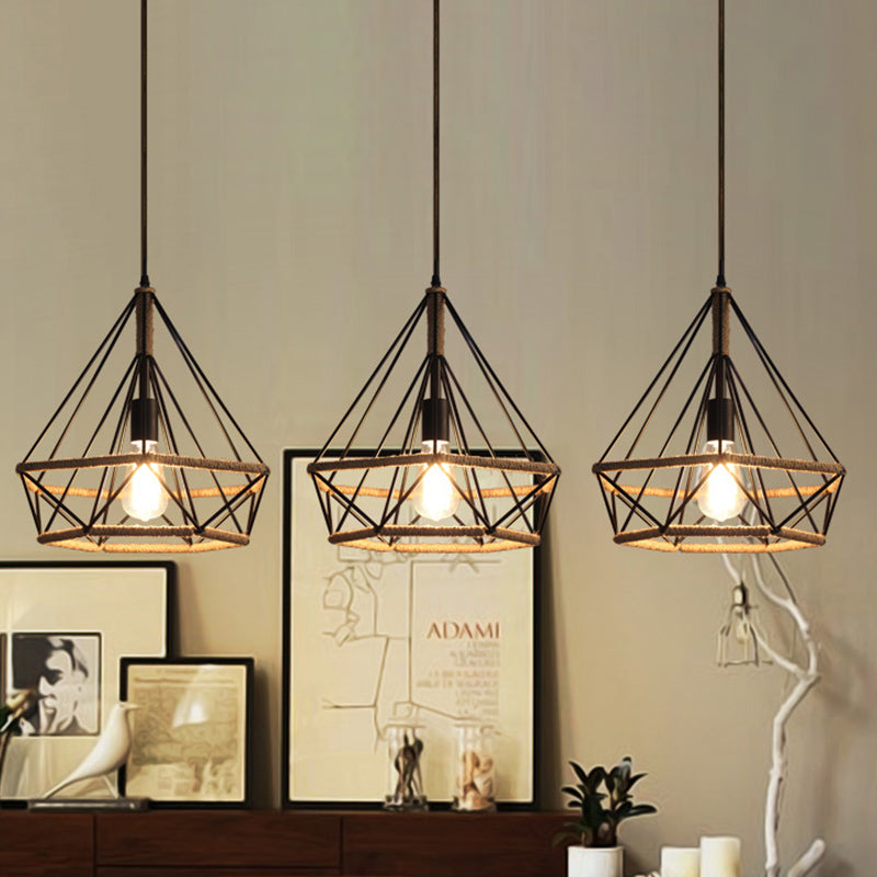 Industrial Stylish Diamond Cage Pendant Lamp 3 Lights Metal and Rope Hanging Lamp with Round/Linear Canopy in Black Clearhalo 'Art Deco Pendants' 'Black' 'Cast Iron' 'Ceiling Lights' 'Ceramic' 'Crystal' 'Industrial Pendants' 'Industrial' 'Metal' 'Middle Century Pendants' 'Pendant Lights' 'Pendants' 'Rustic Pendants' 'Tiffany' Lighting' 768161