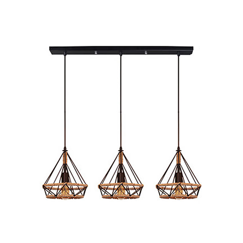 Industrial Stylish Diamond Cage Pendant Lamp 3 Lights Metal and Rope Hanging Lamp with Round/Linear Canopy in Black Clearhalo 'Art Deco Pendants' 'Black' 'Cast Iron' 'Ceiling Lights' 'Ceramic' 'Crystal' 'Industrial Pendants' 'Industrial' 'Metal' 'Middle Century Pendants' 'Pendant Lights' 'Pendants' 'Rustic Pendants' 'Tiffany' Lighting' 768162
