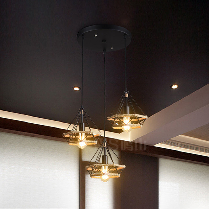 Industrial Stylish Diamond Cage Pendant Lamp 3 Lights Metal and Rope Hanging Lamp with Round/Linear Canopy in Black Clearhalo 'Art Deco Pendants' 'Black' 'Cast Iron' 'Ceiling Lights' 'Ceramic' 'Crystal' 'Industrial Pendants' 'Industrial' 'Metal' 'Middle Century Pendants' 'Pendant Lights' 'Pendants' 'Rustic Pendants' 'Tiffany' Lighting' 768166