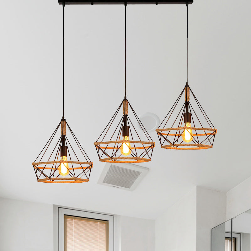 Industrial Stylish Diamond Cage Pendant Lamp 3 Lights Metal and Rope Hanging Lamp with Round/Linear Canopy in Black Black B Linear Clearhalo 'Art Deco Pendants' 'Black' 'Cast Iron' 'Ceiling Lights' 'Ceramic' 'Crystal' 'Industrial Pendants' 'Industrial' 'Metal' 'Middle Century Pendants' 'Pendant Lights' 'Pendants' 'Rustic Pendants' 'Tiffany' Lighting' 768169