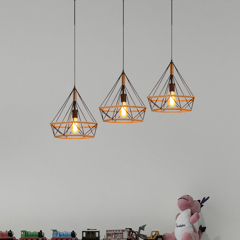 Industrial Stylish Diamond Cage Pendant Lamp 3 Lights Metal and Rope Hanging Lamp with Round/Linear Canopy in Black Clearhalo 'Art Deco Pendants' 'Black' 'Cast Iron' 'Ceiling Lights' 'Ceramic' 'Crystal' 'Industrial Pendants' 'Industrial' 'Metal' 'Middle Century Pendants' 'Pendant Lights' 'Pendants' 'Rustic Pendants' 'Tiffany' Lighting' 768171