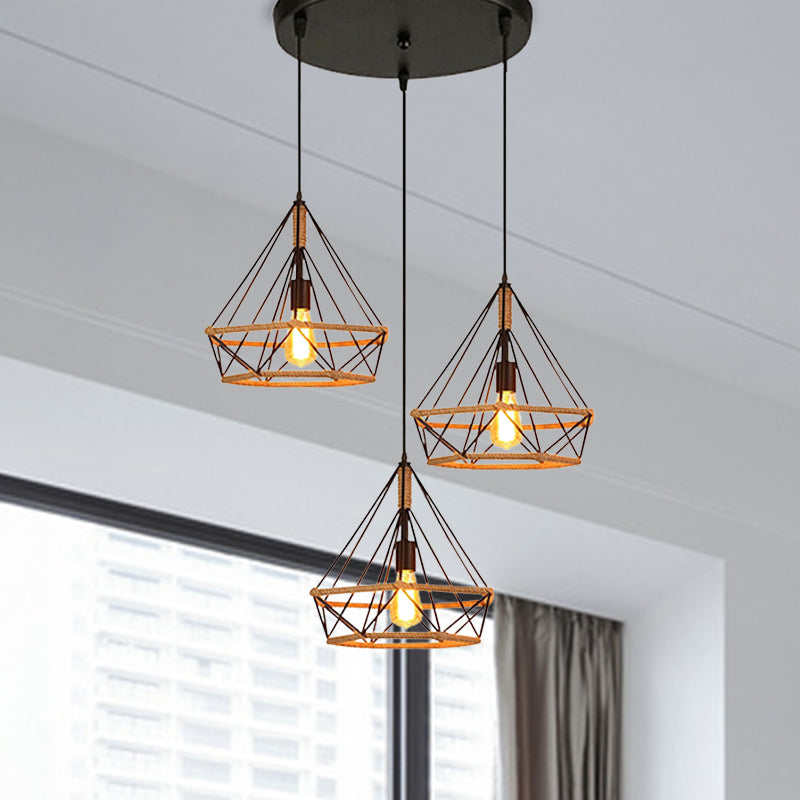 Industrial Stylish Diamond Cage Pendant Lamp 3 Lights Metal and Rope Hanging Lamp with Round/Linear Canopy in Black Black B Round Clearhalo 'Art Deco Pendants' 'Black' 'Cast Iron' 'Ceiling Lights' 'Ceramic' 'Crystal' 'Industrial Pendants' 'Industrial' 'Metal' 'Middle Century Pendants' 'Pendant Lights' 'Pendants' 'Rustic Pendants' 'Tiffany' Lighting' 768174
