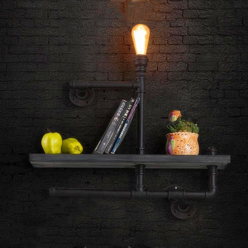 1/2-Bulb Wood Shelf Wall Lighting with Water Pipe Vintage Stylish Bronze Wall Mount Light for Living Room Clearhalo 'Art deco wall lights' 'Cast Iron' 'Glass' 'Industrial wall lights' 'Industrial' 'Middle century wall lights' 'Modern' 'Rustic wall lights' 'Tiffany' 'Traditional wall lights' 'Wall Lamps & Sconces' 'Wall Lights' Lighting' 768227